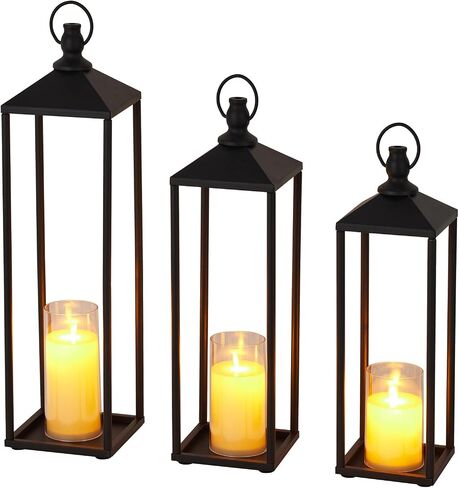 17"+19"+22" Large Metal Black Candle Lanterns Set with Flameless LED Candles, Decorative Outdoor Indoor Lanterns for Patio Porch Garden Home Floor Decor, Halloween Christmas Decorations in Kuwait