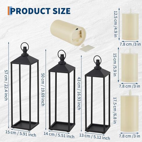 17"+19"+22" Large Metal Black Candle Lanterns Set with Flameless LED Candles, Decorative Outdoor Indoor Lanterns for Patio Porch Garden Home Floor Decor, Halloween Christmas Decorations in Kuwait