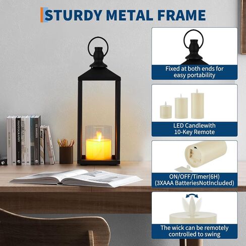 17"+19"+22" Large Metal Black Candle Lanterns Set with Flameless LED Candles, Decorative Outdoor Indoor Lanterns for Patio Porch Garden Home Floor Decor, Halloween Christmas Decorations in Kuwait