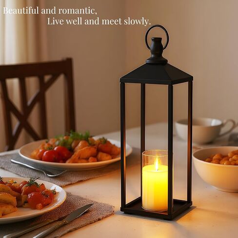 17"+19"+22" Large Metal Black Candle Lanterns Set with Flameless LED Candles, Decorative Outdoor Indoor Lanterns for Patio Porch Garden Home Floor Decor, Halloween Christmas Decorations in Kuwait