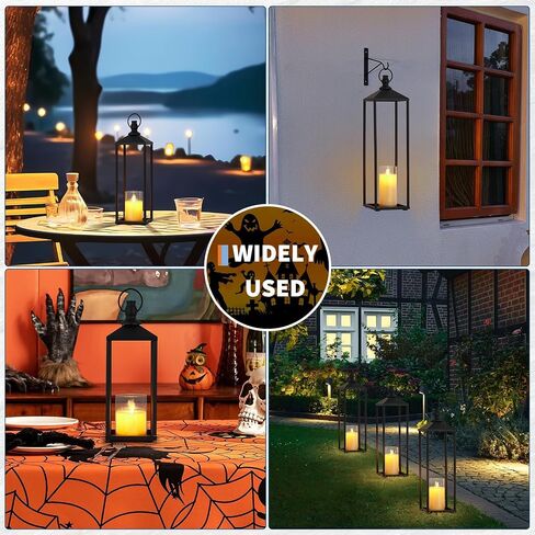 17"+19"+22" Large Metal Black Candle Lanterns Set with Flameless LED Candles, Decorative Outdoor Indoor Lanterns for Patio Porch Garden Home Floor Decor, Halloween Christmas Decorations in Kuwait