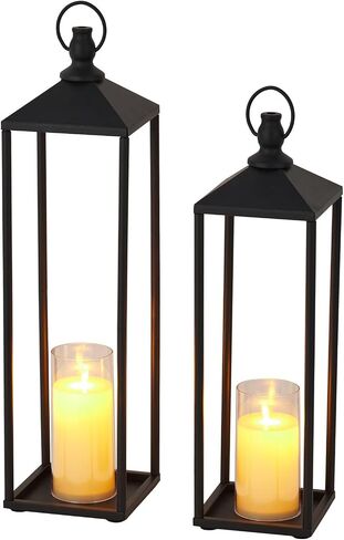 17"+19"+22" Large Metal Black Candle Lanterns Set with Flameless LED Candles, Decorative Outdoor Indoor Lanterns for Patio Porch Garden Home Floor Decor, Halloween Christmas Decorations in Kuwait