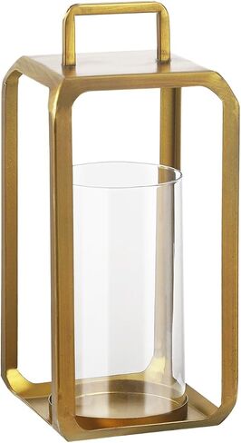 12" High Minimalist Metal Glass Lantern with Handle in Antique Brass for Pillars, Hurricane Candle Holder for Mantels, Tabletop, Centerpieces, Shelves, Entryways, Patio, Deck, Contemporary, Farmhouse in Saudi Arabia