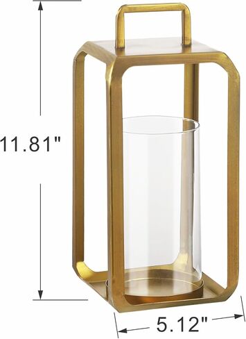 12" High Minimalist Metal Glass Lantern with Handle in Antique Brass for Pillars, Hurricane Candle Holder for Mantels, Tabletop, Centerpieces, Shelves, Entryways, Patio, Deck, Contemporary, Farmhouse in Saudi Arabia