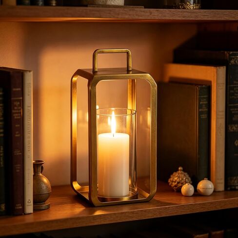12" High Minimalist Metal Glass Lantern with Handle in Antique Brass for Pillars, Hurricane Candle Holder for Mantels, Tabletop, Centerpieces, Shelves, Entryways, Patio, Deck, Contemporary, Farmhouse in Saudi Arabia