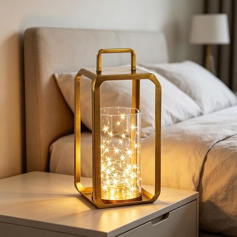 12" High Minimalist Metal Glass Lantern with Handle in Antique Brass for Pillars, Hurricane Candle Holder for Mantels, Tabletop, Centerpieces, Shelves, Entryways, Patio, Deck, Contemporary, Farmhouse in Saudi Arabia