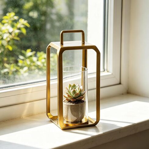 12" High Minimalist Metal Glass Lantern with Handle in Antique Brass for Pillars, Hurricane Candle Holder for Mantels, Tabletop, Centerpieces, Shelves, Entryways, Patio, Deck, Contemporary, Farmhouse in Saudi Arabia