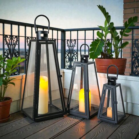 TRIROCKS Set of 3 Decorative Candle Lantern 11/16/21''H Metal Outdoor Candle Holder Hanging Lantern with Tempered Glass for Christmas Home Living Room Parties Event Indoors Outdoors (Black Triangle) in Saudi Arabia