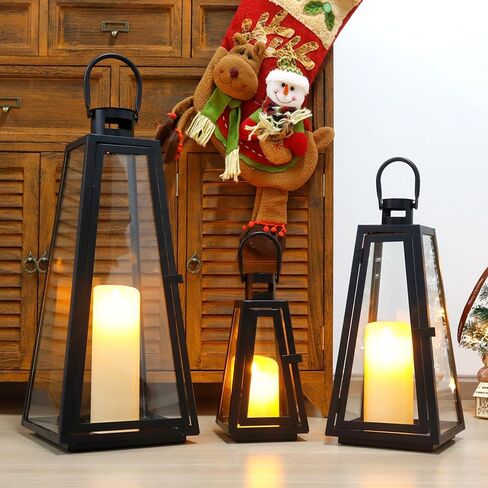 TRIROCKS Set of 3 Decorative Candle Lantern 11/16/21''H Metal Outdoor Candle Holder Hanging Lantern with Tempered Glass for Christmas Home Living Room Parties Event Indoors Outdoors (Black Triangle) in Saudi Arabia