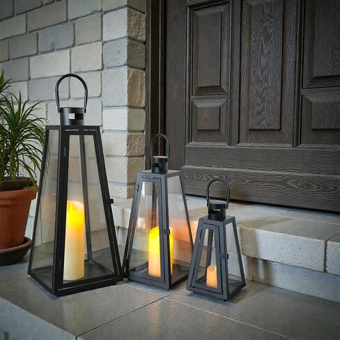 TRIROCKS Set of 3 Decorative Candle Lantern 11/16/21''H Metal Outdoor Candle Holder Hanging Lantern with Tempered Glass for Christmas Home Living Room Parties Event Indoors Outdoors (Black Triangle) in Saudi Arabia