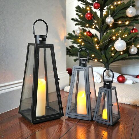TRIROCKS Set of 3 Decorative Candle Lantern 11/16/21''H Metal Outdoor Candle Holder Hanging Lantern with Tempered Glass for Christmas Home Living Room Parties Event Indoors Outdoors (Black Triangle) in Saudi Arabia