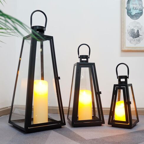 TRIROCKS Set of 3 Decorative Candle Lantern 11/16/21''H Metal Outdoor Candle Holder Hanging Lantern with Tempered Glass for Christmas Home Living Room Parties Event Indoors Outdoors (Black Triangle) in Saudi Arabia