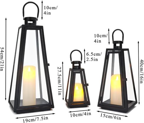 TRIROCKS Set of 3 Decorative Candle Lantern 11/16/21''H Metal Outdoor Candle Holder Hanging Lantern with Tempered Glass for Christmas Home Living Room Parties Event Indoors Outdoors (Black Triangle) in Saudi Arabia