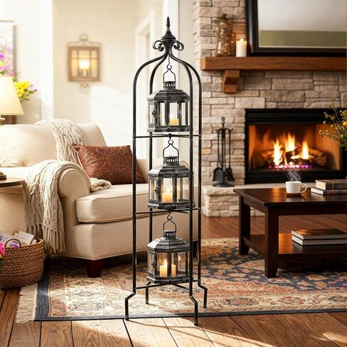 Tujoe Metal Tall Floor Candle Lantern Holders Set Foldable 45 Inch 3 Tier Candle Stand with 3 Pcs Decorative Lanterns for Indoor Outdoor Yard Porch Room Patio Garden Balcony Wedding in Kuwait