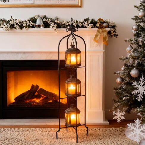Tujoe Metal Tall Floor Candle Lantern Holders Set Foldable 45 Inch 3 Tier Candle Stand with 3 Pcs Decorative Lanterns for Indoor Outdoor Yard Porch Room Patio Garden Balcony Wedding in Kuwait