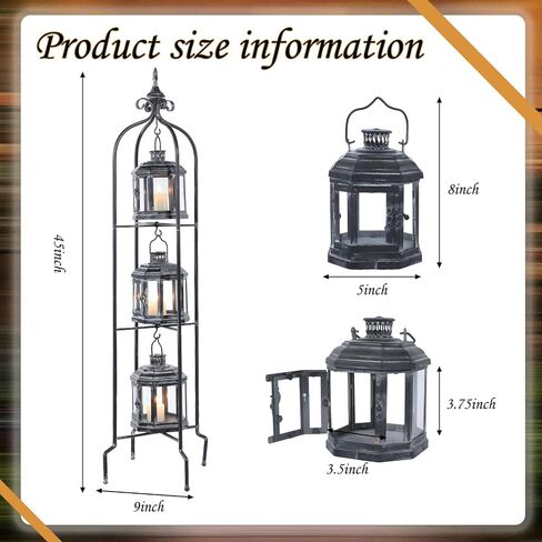 Tujoe Metal Tall Floor Candle Lantern Holders Set Foldable 45 Inch 3 Tier Candle Stand with 3 Pcs Decorative Lanterns for Indoor Outdoor Yard Porch Room Patio Garden Balcony Wedding in Kuwait