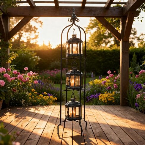Tujoe Metal Tall Floor Candle Lantern Holders Set Foldable 45 Inch 3 Tier Candle Stand with 3 Pcs Decorative Lanterns for Indoor Outdoor Yard Porch Room Patio Garden Balcony Wedding in Kuwait