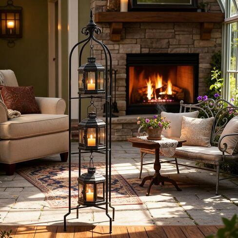 Tujoe Metal Tall Floor Candle Lantern Holders Set Foldable 45 Inch 3 Tier Candle Stand with 3 Pcs Decorative Lanterns for Indoor Outdoor Yard Porch Room Patio Garden Balcony Wedding in Kuwait