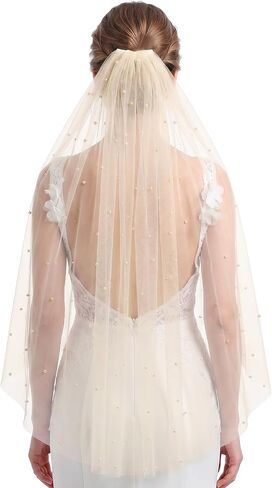 pearl veil With Metal Comb - Tulle chapel length wedding veil for Bridal - White/Ivory long wedding veils in Saudi Arabia