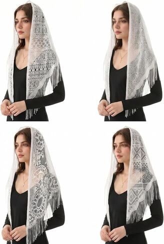 4-Pack Catholic Veil, Triangle Catholic Veils for Women Mass, Soft Lace Mantilla with Fringed Edge, Chapel Prayer Scarf and Head Covering in Saudi Arabia