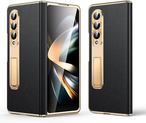 for Samsung Galaxy Z Fold 4 Case, Electroplated Frame, Luxury Leather Back, Full Magnetic Hinge Protective, Screen Protector, Metal Stand, Thin & Slim Stand Phone Cover 5G 2023, Black in Saudi Arabia