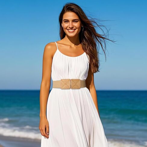 JASGOOD Straw Woven Elastic Belts for Women,Rattan Wide Stretchy belt for Dress and Boho Wear Ladies Raffia Braided Belt in Kuwait