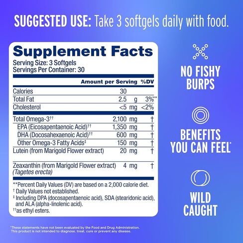 Oceanblue Omega-3 2100 with Lutein & Zeaxanthin - Triple Strength EPA DHA Omega 3 Supplement - Fish Oil for Eye, Brain & Heart Health - Orange Flavor, 90 Softgels (30 Servings) in Saudi Arabia