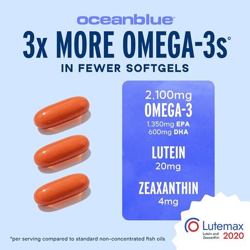 Oceanblue Omega-3 2100 with Lutein & Zeaxanthin - Triple Strength EPA DHA Omega 3 Supplement - Fish Oil for Eye, Brain & Heart Health - Orange Flavor, 90 Softgels (30 Servings) in Saudi Arabia