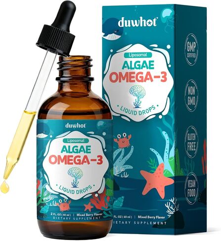 Liposomal Algae Omega 3 Liquid Drops, Vegan EPA DHA Supplement for Kids & Women, with Choline, Phosphatidylserine, Astaxanthin, Lutein & Zeaxanthin, Vitamins, Heart, Brain & Eye Health, 2 Fl Oz in Saudi Arabia