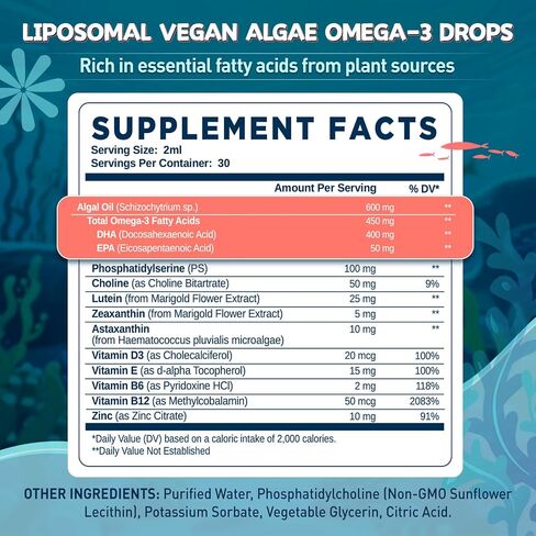 Liposomal Algae Omega 3 Liquid Drops, Vegan EPA DHA Supplement for Kids & Women, with Choline, Phosphatidylserine, Astaxanthin, Lutein & Zeaxanthin, Vitamins, Heart, Brain & Eye Health, 2 Fl Oz in Saudi Arabia