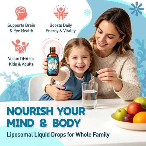 Liposomal Algae Omega 3 Liquid Drops, Vegan EPA DHA Supplement for Kids & Women, with Choline, Phosphatidylserine, Astaxanthin, Lutein & Zeaxanthin, Vitamins, Heart, Brain & Eye Health, 2 Fl Oz in Saudi Arabia