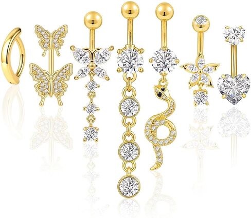 FIRSTGIFT 7pcs Silver Belly Button Rings, Gold Belly Piercing Jewelry, 14g Stainless Steel Navel Piercing with Cute Heart Flower Butterfly Dangle Belly Ring in Saudi Arabia