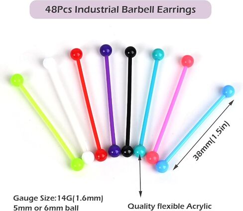 48Pcs Plastic Industrial Piercing Jewelry 14G Industrial Bar Piercing Acrylic Glow in the Dark Industrial Earrings for Women Men Piercing Bar 38mm in Saudi Arabia
