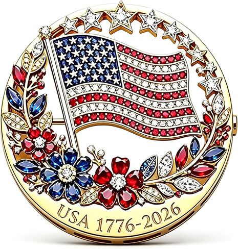 US 250th Anniversary Enamel Brooch Pin, 250th Anniversary Flag Rhinestone Brooch, American Flag Lapel Pin, 1776-2026 Patriotic Floral Star Badge in Kuwait