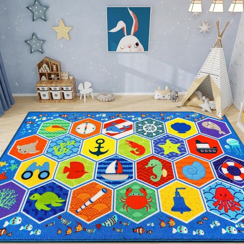 Kid Rug Ocean Sea Play Mat, 59"×39.4" Educational Playmat for Playroom Primary School Nylon Surface Non-Slip Latex Backing Preschool Rugs for Classroom Learning Area in Saudi Arabia