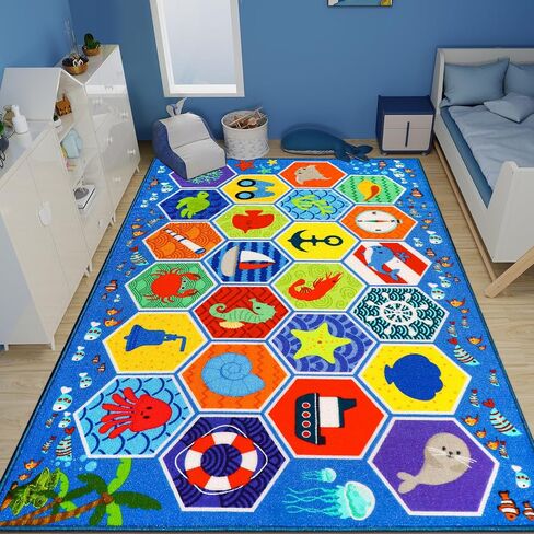 Kid Rug Ocean Sea Play Mat, 59"×39.4" Educational Playmat for Playroom Primary School Nylon Surface Non-Slip Latex Backing Preschool Rugs for Classroom Learning Area in Saudi Arabia