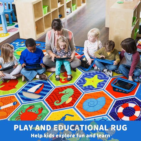 Kid Rug Ocean Sea Play Mat, 59"×39.4" Educational Playmat for Playroom Primary School Nylon Surface Non-Slip Latex Backing Preschool Rugs for Classroom Learning Area in Saudi Arabia