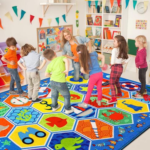 Kid Rug Ocean Sea Play Mat, 59"×39.4" Educational Playmat for Playroom Primary School Nylon Surface Non-Slip Latex Backing Preschool Rugs for Classroom Learning Area in Saudi Arabia