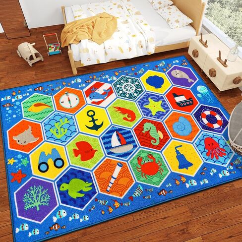 Kid Rug Ocean Sea Play Mat, 59"×39.4" Educational Playmat for Playroom Primary School Nylon Surface Non-Slip Latex Backing Preschool Rugs for Classroom Learning Area in Saudi Arabia