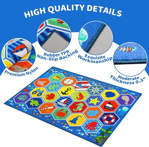 Kid Rug Ocean Sea Play Mat, 59"×39.4" Educational Playmat for Playroom Primary School Nylon Surface Non-Slip Latex Backing Preschool Rugs for Classroom Learning Area in Saudi Arabia