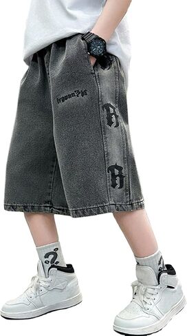 Boys' Baggy Denim Shorts (8-12 Years) - Vintage Washed Grey Jeans Shorts with Graphic Prints, Jorts Summer Streetwear in Kuwait