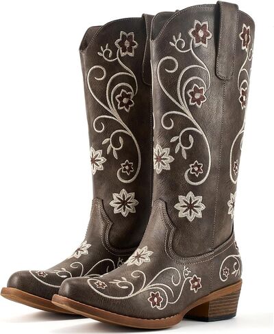 Lante Cowboy Boots for Women - Mid Calf Western Cowgirl Boots with Floral Embroidery, Pull-On Tabs, Snip Toe, Chunky Block Heel in Saudi Arabia