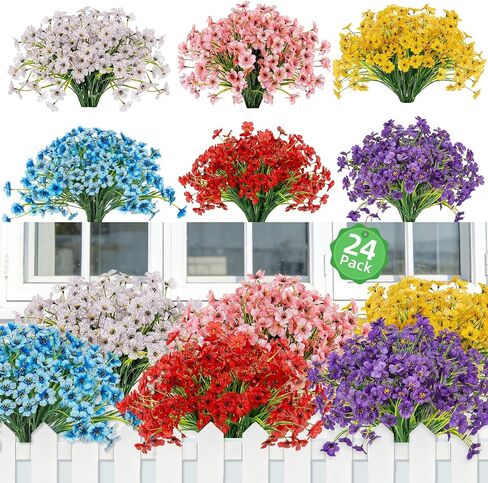 PADONISE 24 Bundles Artificial Flowers UV Resistant, Fake Silk Flowers Bulk for Outdoor Indoor Decor, Realistic Plastic Stems for Hanging Plants Garden Porch Window Box Vase Bouquet Farmhouse in Saudi Arabia