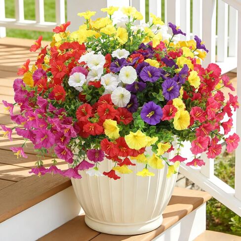 Artificial Flowers for Outdoors, Fake Flowers, UV Resistant Artificial Outdoor Flowers, 12 Bundles Silk Colorful Morning Glory with Eucalyptus Faux Flowers for Outdoor Planters for Porch Patio Garden in Saudi Arabia