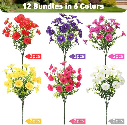 Artificial Flowers for Outdoors, Fake Flowers, UV Resistant Artificial Outdoor Flowers, 12 Bundles Silk Colorful Morning Glory with Eucalyptus Faux Flowers for Outdoor Planters for Porch Patio Garden in Saudi Arabia