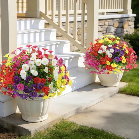 Artificial Flowers for Outdoors, Fake Flowers, UV Resistant Artificial Outdoor Flowers, 12 Bundles Silk Colorful Morning Glory with Eucalyptus Faux Flowers for Outdoor Planters for Porch Patio Garden in Saudi Arabia