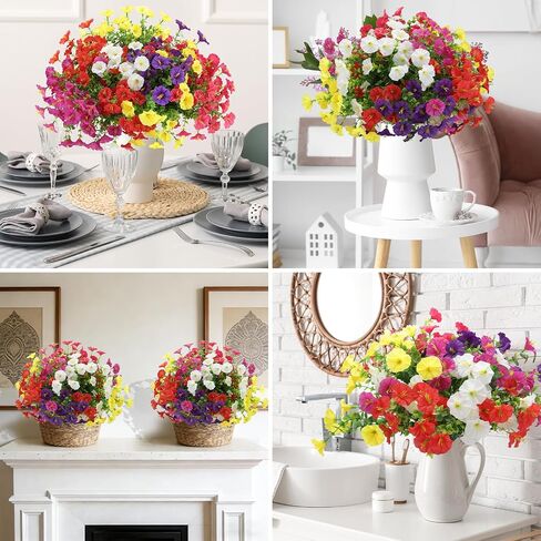 Artificial Flowers for Outdoors, Fake Flowers, UV Resistant Artificial Outdoor Flowers, 12 Bundles Silk Colorful Morning Glory with Eucalyptus Faux Flowers for Outdoor Planters for Porch Patio Garden in Saudi Arabia