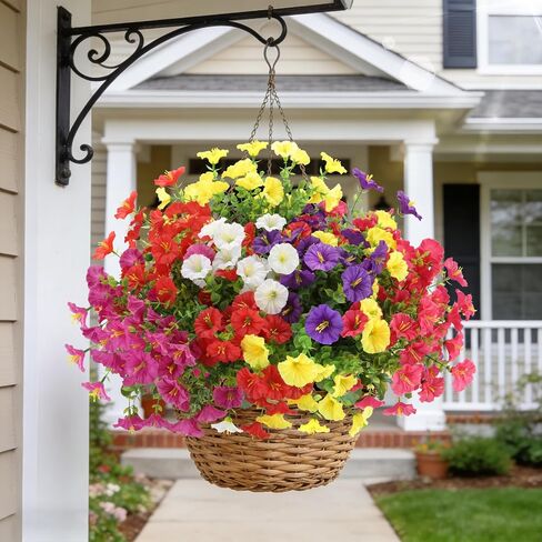 Artificial Flowers for Outdoors, Fake Flowers, UV Resistant Artificial Outdoor Flowers, 12 Bundles Silk Colorful Morning Glory with Eucalyptus Faux Flowers for Outdoor Planters for Porch Patio Garden in Saudi Arabia
