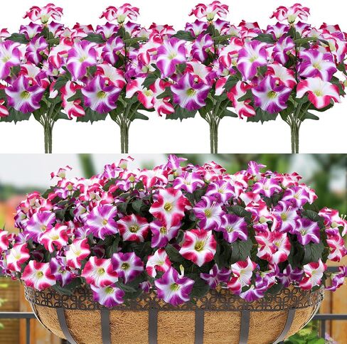 Geegoods Artificial Flowers Plants for Outdoors, 4 Bundles UV Resistant Fake Faux Petunias for Outdoor Planters Patio Front Porch Balcony Garden Decor in Saudi Arabia