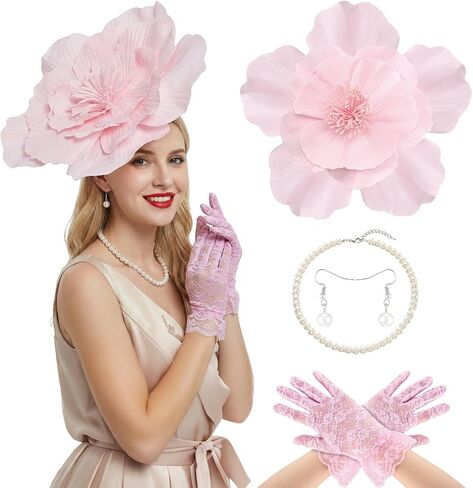 4 Pack Derby Fascinators Hat Accessory for Women Tea Party Pink Flower Hat with Lace Gloves Pearl Necklace Earrings Derby Race Accessory for Woman Cocktail Wedding Party in Kuwait